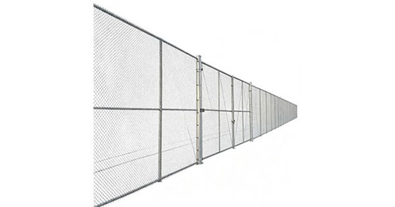 Galvanized chain link fence straight run with 2-3/8 inch O.D. end posts, 1-5/8 inch line posts, top rail, 2 inch diamond mesh, truss rod bracing, dome caps, 3D perspective, white background product photo