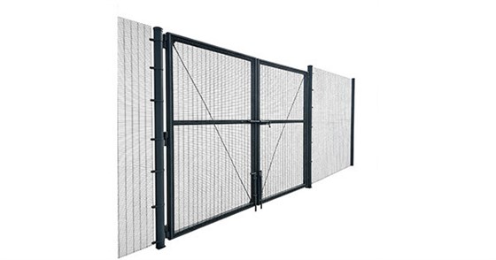 Black powder-coated chain link double swing driveway gate with 2-7/8 inch O.D. gate posts, welded frame, diagonal brace, cane drop bolts in center, fork latch, matching black mesh, white background