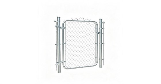 Galvanized chain link walk gate with rounded top frame, spring hinge, fork latch, 1-5/8 inch O.D. posts, 2 inch diamond mesh, complete hardware kit, white background product photo