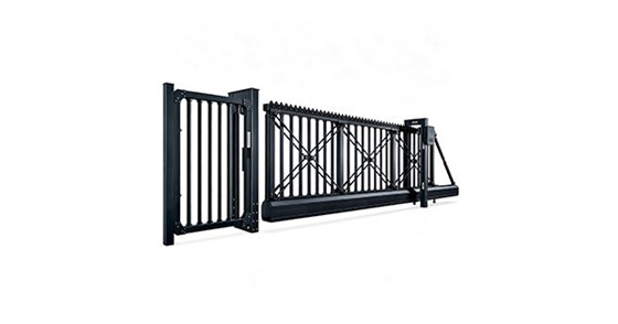 Black aluminum telescopic sliding driveway gate with X-brace cross design, spiked security top, matching pedestrian side gate, white background product photo