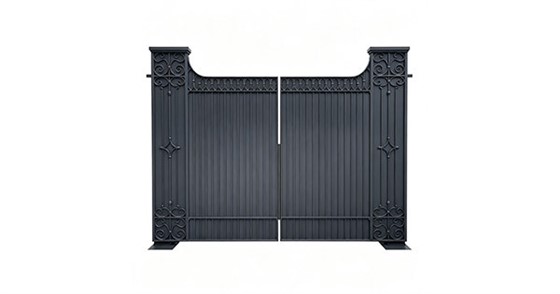 Matte black ornamental aluminum double swing driveway gate with European scrollwork, decorative pillars, oval top rail, vertical privacy panels, white background