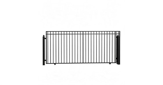 Black aluminum classic flat-top double bar driveway gate with vertical pickets, ball-cap finial posts, bottom support wheels, white background product photo