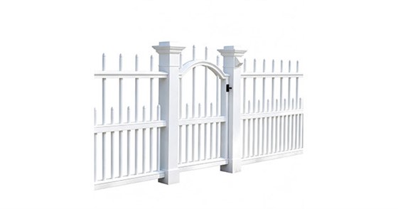 White vinyl arched picket walk gate with pointed pickets, decorative post caps, black hinges and latch, two rail sections on each side, white background product photo