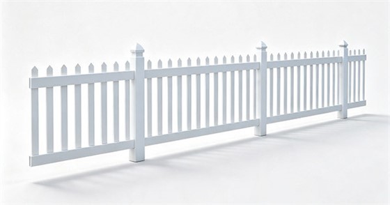 White vinyl straight top picket fence panel with pointed pickets, pyramid post caps, two horizontal rails, three sections in perspective, white background