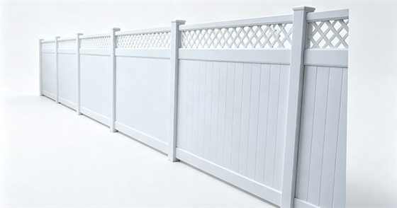 White vinyl privacy fence with diamond lattice top, solid tongue and groove bottom panels, 5 inch square posts, flat caps, multiple sections in perspective, white background
