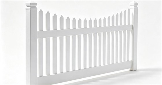 White vinyl scalloped picket fence panel with graduated pointed pickets creating a curved arch top, decorative post caps, two rails, white background