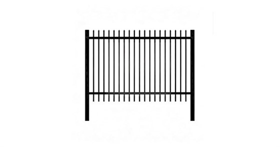 Black ornamental steel spear top picket fence panel with pressed spear points, two horizontal rails, 2 inch square posts, 3/4 inch pickets, white background