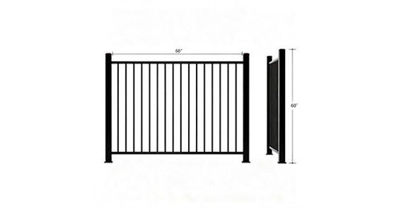 Black ornamental steel flat top picket fence panel, 60 inch wide by 60 inch high, two horizontal rails, 2 inch square posts with base plates, 3/4 inch pickets, 3D view with dimensions, white background