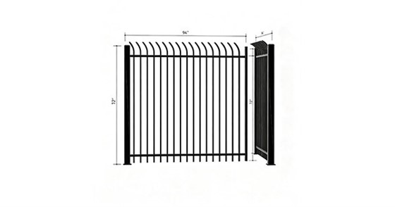 Black ornamental steel crank top bent top picket fence panel, 94 inch wide by 72 inch high, curved picket tops, three horizontal rails, 2.5 inch posts, 3D view with dimensions, white background