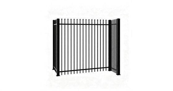 Black ornamental steel spear top picket fence corner panel with two adjoining sections at 90 degrees, 2.5 inch corner post, pressed spear points, two rails, 3D perspective, white background