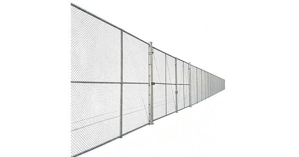 Galvanized chain link fence straight run with 2-3/8 inch O.D. end posts, 1-5/8 inch line posts, top rail, 2 inch diamond mesh, truss rod bracing, dome caps, 3D perspective, white background product photo