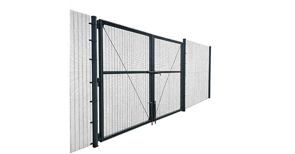 Black powder-coated chain link double swing driveway gate with 2-7/8 inch O.D. gate posts, welded frame, diagonal brace, cane drop bolts in center, fork latch, matching black mesh, white background