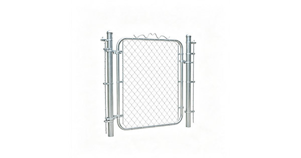 Galvanized chain link walk gate with rounded top frame, spring hinge, fork latch, 1-5/8 inch O.D. posts, 2 inch diamond mesh, complete hardware kit, white background product photo