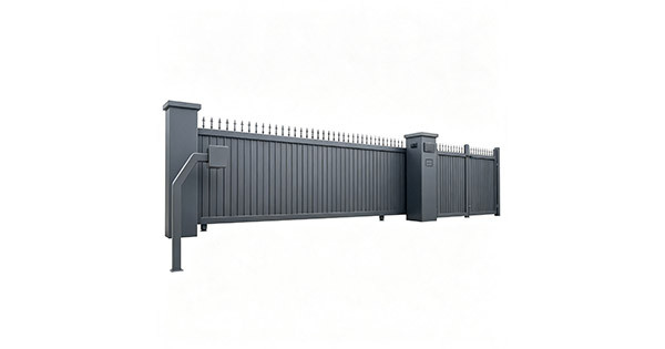 Dark gray matte aluminum full-privacy vertical slat sliding driveway gate with spear finials, motorized control box, matching pedestrian gate, white background