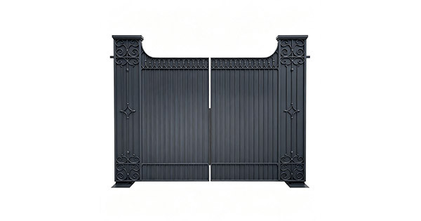 Matte black ornamental aluminum double swing driveway gate with European scrollwork, decorative pillars, oval top rail, vertical privacy panels, white background