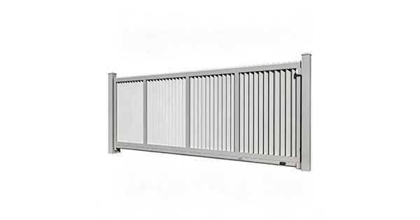 Light gray aluminum louvered privacy sliding driveway gate with three-section vertical louver panels, sawtooth anti-climb top edge, square posts, white background
