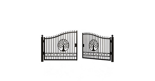 Black aluminum artistic double swing driveway gate with laser-cut Tree of Life center medallion, arched spear top, scrollwork bottom rail, white background