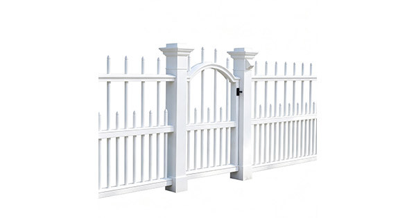 White vinyl arched picket walk gate with pointed pickets, decorative post caps, black hinges and latch, two rail sections on each side, white background product photo