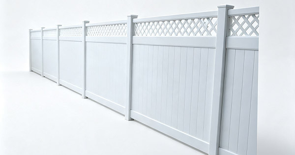 White vinyl privacy fence with diamond lattice top, solid tongue and groove bottom panels, 5 inch square posts, flat caps, multiple sections in perspective, white background