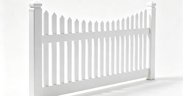 White vinyl scalloped picket fence panel with graduated pointed pickets creating a curved arch top, decorative post caps, two rails, white background