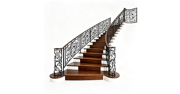 Black wrought iron style curved stair railing with European scrollwork balusters, dark walnut wood handrail, decorative newel posts, white background product photo