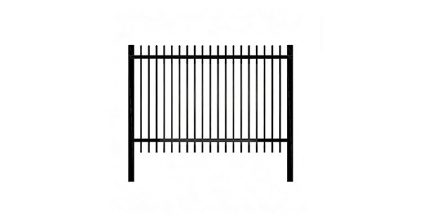 Black ornamental steel spear top picket fence panel with pressed spear points, two horizontal rails, 2 inch square posts, 3/4 inch pickets, white background
