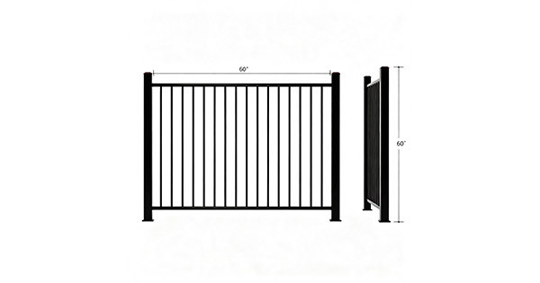 Black ornamental steel flat top picket fence panel, 60 inch wide by 60 inch high, two horizontal rails, 2 inch square posts with base plates, 3/4 inch pickets, 3D view with dimensions, white background