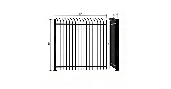 Black ornamental steel crank top bent top picket fence panel, 94 inch wide by 72 inch high, curved picket tops, three horizontal rails, 2.5 inch posts, 3D view with dimensions, white background