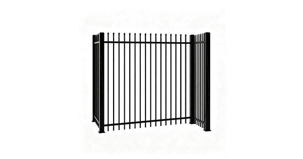 Black ornamental steel spear top picket fence corner panel with two adjoining sections at 90 degrees, 2.5 inch corner post, pressed spear points, two rails, 3D perspective, white background